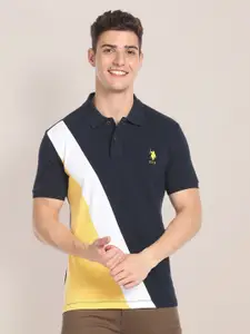 U.S. Polo Assn. Colourblocked Polo Collar Pure Cotton Slim Fit T-shirt
