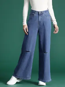 DressBerry Women Wide Leg Slash Knee Stretchable Jeans