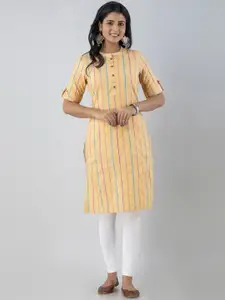 PREKSHA Striped Mandarin Collar Roll-Up Sleeves Cotton Kurta
