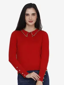 JoE Hazel Round Neck Cut Out Embellished Cotton Pullover Sweater