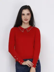 JoE Hazel Embellished Peter Pan Collar Cotton Pullover Sweater