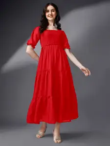 Femvy Square Neck Puff Sleeve Tiered  A-Line  Maxi Dress