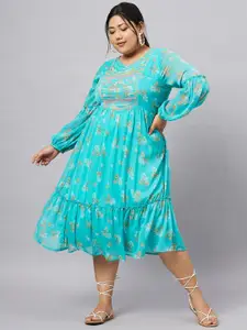Antheaa Curve Plus Size Floral Printed Puff Sleeves Fit & Flare Midi Dress