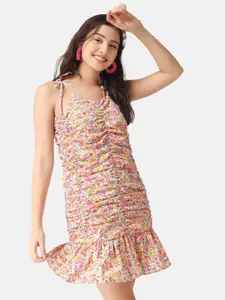 angloindu Floral Printed Shoulder Straps Gathered Ruched A-Line Dress