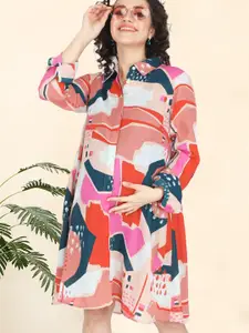 angloindu Abstract Printed Shirt Collar Maternity Shirt Dress