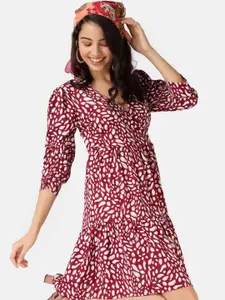 angloindu Abstract Printed Puff Sleeve Gathered Tiered A-Line Dress