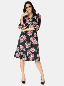 angloindu Floral Printed Puff Sleeve Gathered Tiered Fit & Flare Dress