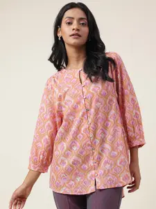 Fabindia Floral Printed Keyhole Neck Cotton Shirt Style Top