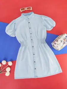 Pantaloons Junior Girls Puff Sleeves Smocked Cotton Shirt Style Dress