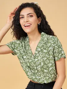 People Olive Green Floral Printed Shirt Style Top