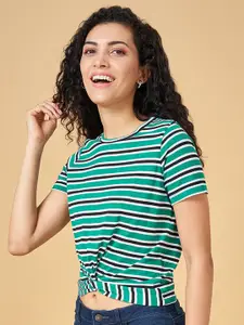 People Green Horizontal Striped Twisted Crop Top