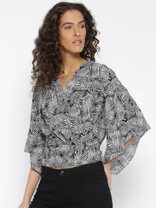 Style Quotient Women Black & White Tropical Printed Wrap Top