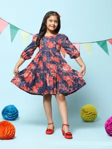 Biba Girls Floral Printed Puff Sleeve Cotton Fit & Flare Dress