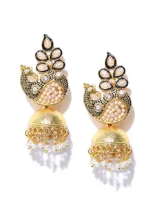YouBella Off-White Gold-Plated Peacock-Shaped Beaded Jhumkas