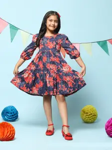 Biba Girls Floral Printed Puff Sleeve Cotton Fit & Flare Dress