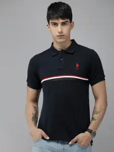 U.S. Polo Assn. Striped & Embroidered Polo Collar Pure Cotton Slim Fit T-shirt