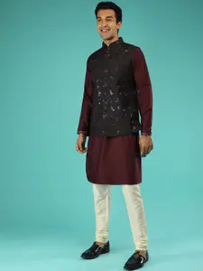 KALKI Fashion Raw Silk Kurta with Churidar & Mirror Work Nehru Jacket