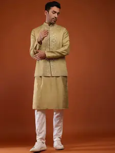 KALKI Fashion Ethnic Motifs Embroidered Mirror Work Kurta With Trousers & Nehru Jacket