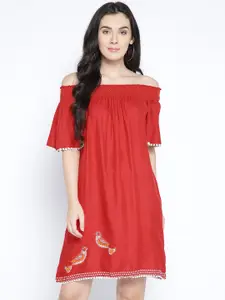 Global Desi Women Red Solid Off-Shoulder A-Line Dress