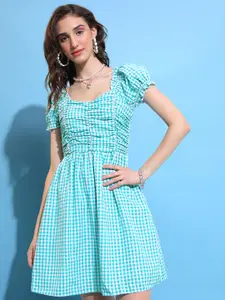 Tokyo Talkies Green Checked Ruched Fit & Flare Dress