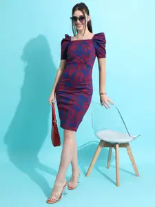 Tokyo Talkies Blue & Red Self Design Square Neck Puff Sleeves Jacquard Sheath Dress