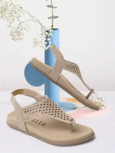 Elle Textured T-Strap Flats With Backstrap & Laser Cuts