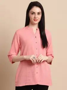 Pistaa Mandarin Collar Roll-Ups Sleeves Pure Cotton Kurti