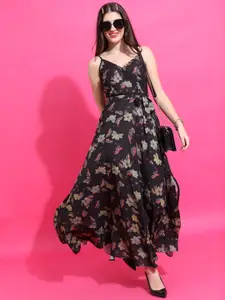 KETCH Black Floral Printed Tie-Ups Maxi Dress
