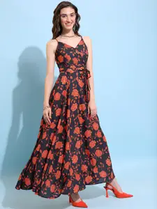 KETCH Black & Orange Floral Printed Tie Ups Maxi Dress