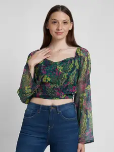 SPYKAR Floral Printed Sweetheart Neck Puff Sleeves Cotton Crop Top