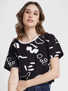SPYKAR  Abstract Printed Cotton Boxy Fit Crop T-shirt