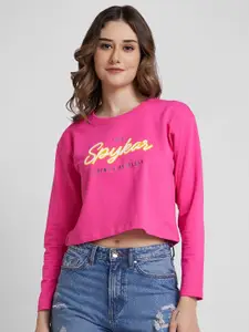 SPYKAR Boxy Fit Round Neck Typography Printed Crop Cotton Pullover Sweatshirt
