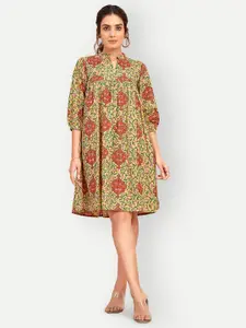 DRESOUL Ethnic Motifs Printed Puff Sleeves Gathered Cotton A-Line Dress