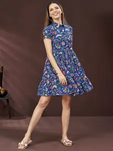 DRESOUL Floral Printed Shirt Collar Gathered Cotton Fit & Flare Dress
