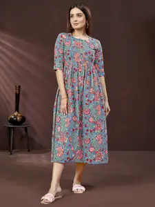 DRESOUL Floral Printed Gathered Cotton Fit & Flare Midi Dress