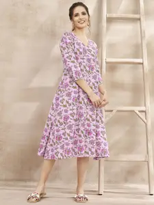 DRESOUL Floral Printed V-Neck Cotton A-Line Midi Dress