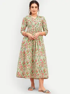 DRESOUL Floral Printed Gathered Cotton Fit & Flare Ethnic Dress