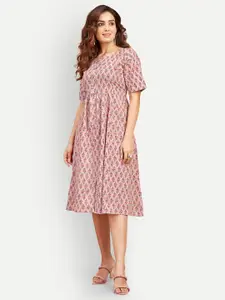 DRESOUL Floral Printed Gathered Cotton A-Line Dress