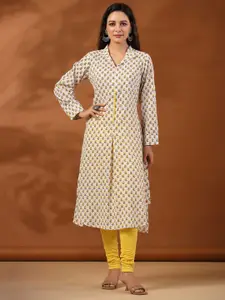 Jaipur Kurti Yellow Floral Print Shirt Collar Kurta
