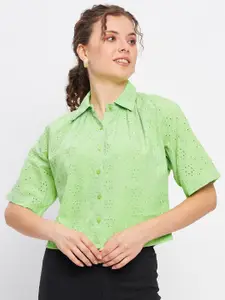 DELAN Self Design Shirt Collar Cotton Schiffli Shirt Style Top