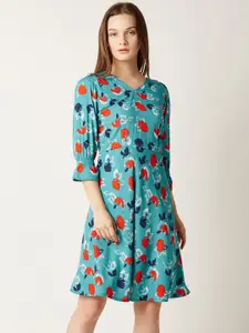 Miss Chase Women Turquoise Blue Floral Printed Fit and Flare Dress