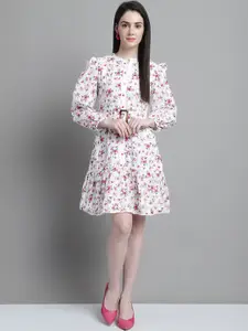 MARC LOUIS Floral Printed Puff Sleeve with Pom-Pom Cotton Fit & Flare Dress