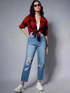 High Star Women Blue High-Rise Slash Knee Light Fade Jeans