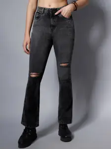 High Star Women Black Bootcut High-Rise Slash Knee Light Fade Stretchable Jeans