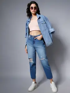 High Star Women Blue High-Rise Mildly Distressed Light Fade Jeans
