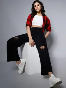 High Star Women Black Wide Leg High-Rise Slash Knee Jeans