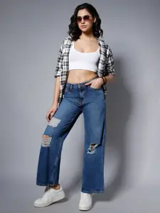 High Star Women Wide Leg Mid-Rise Highly Distressed Light Fade Whiskers Pure Cotton Jeans