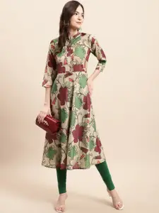 Anouk Beige & Green Floral Printed A-line Cotton Kurta