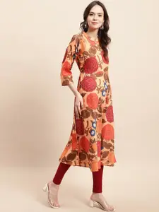 Anouk Beige & Orange-Coloured Floral Printed A-line Cotton Kurta