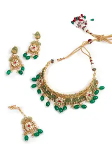 ODETTE Gold-Plated Kundan Stone Studded & Beaded Alloy Choker Necklace Jewellery Set